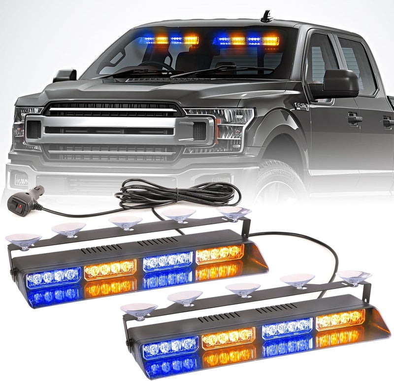 PKINGLAKE 2 in 1 LED Emergency Dash Strobe Light Bar Front/Rear Windshield Safety Flashing Warning Hazard Interior Lights for Police Firefighter Construction Vehicles Trucks (2x14 inch, Amber/Blue) - Image 1